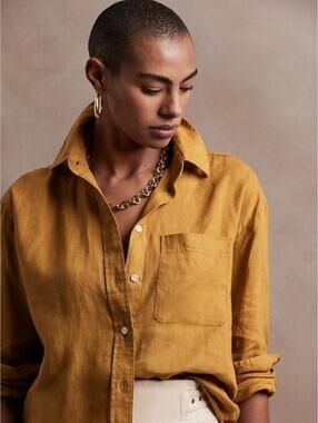 Banana Republic The Oversized Linen Shirt Cropped Mustard Sz M EUC